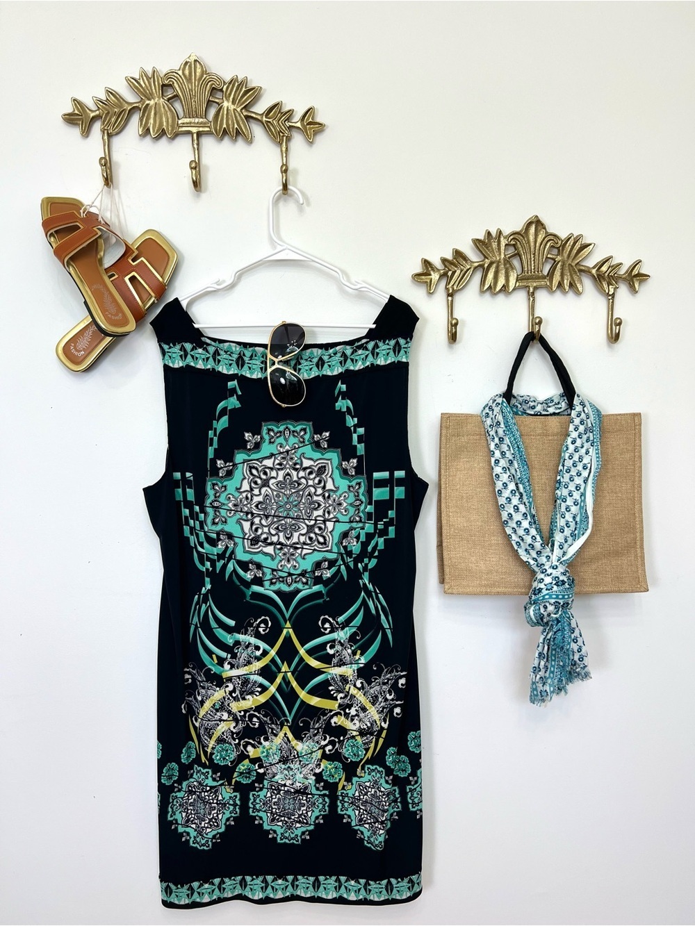 Style& Co Sleeveless Black & Teal Printed Shift Dress 2X ptp 26” L 40.5”